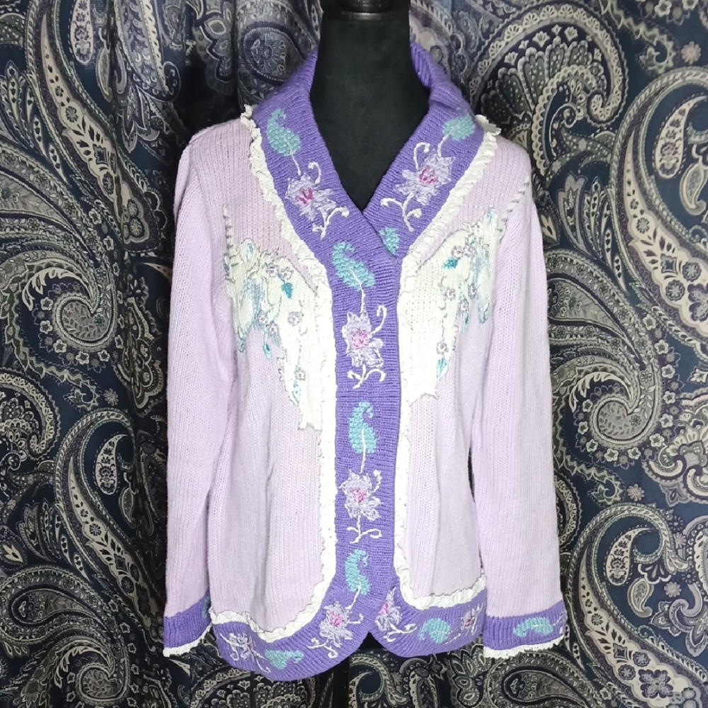 🦄 NWT Storybook Knits Lavender Unicorn Embroidered Beaded Cardigan Grandmacore - Picture 4 of 11